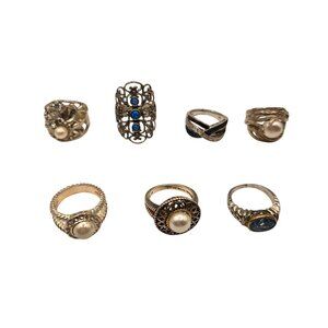 Vintage Sterling Silver 925 Pearl Gemstone Statement Ring Collection Lot of 7